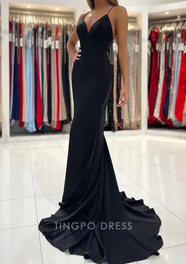 TingPo Wholesale Elegant Trumpet/Mermaid V Neck Sweep Train Sleeveless Elastic Satin Prom Dress